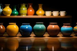 a row of colorful vases on a wooden shelf. AI-Generated photo