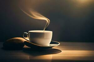 a cup of coffee on a wooden table. AI-Generated photo