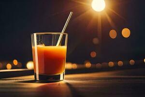a glass of orange juice with a straw on a table. AI-Generated photo