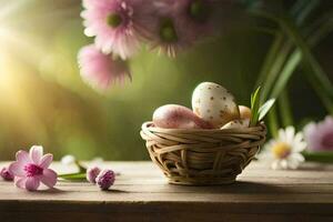 easter eggs in a basket on a table. AI-Generated photo