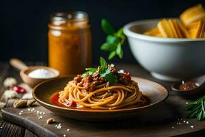 spaghetti with meat sauce and bread on a wooden table. AI-Generated photo
