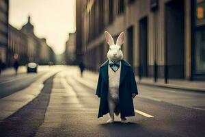 a rabbit dressed in a suit and tie standing on a street. AI-Generated photo