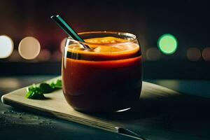 a glass of tomato juice with a spoon on top. AI-Generated photo