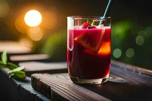 a glass of red drink with a straw. AI-Generated photo