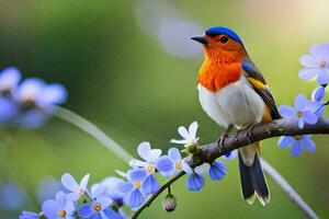 a colorful bird sits on a branch with blue flowers. AI-Generated photo