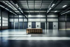 an empty warehouse with a table and a door. AI-Generated photo