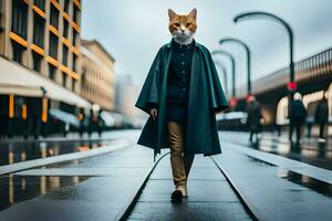 a cat wearing a green coat and walking on a wet street. AI-Generated photo