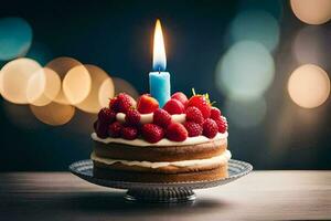 a birthday cake with a single candle. AI-Generated photo