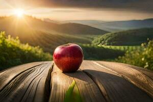 un manzana se sienta en un de madera mesa en frente de un puesta de sol. generado por ai foto