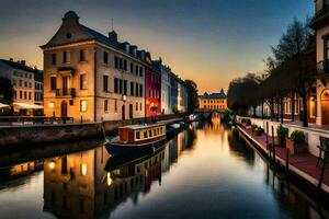 un canal en el medio de un ciudad a puesta de sol. generado por ai foto