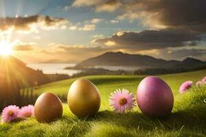 easter eggs in the grass. AI-Generated photo