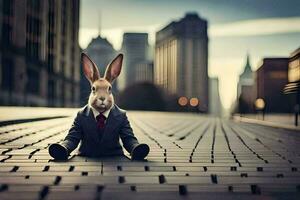 a rabbit in a suit sitting on the ground. AI-Generated photo