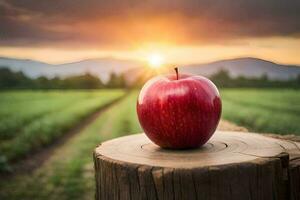an apple sits on a stump in front of a sunset. AI-Generated photo