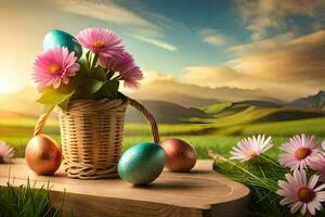 easter eggs in a basket on a wooden table with daisies and flowers. AI-Generated photo