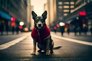 a dog wearing a red vest on the street. AI-Generated photo