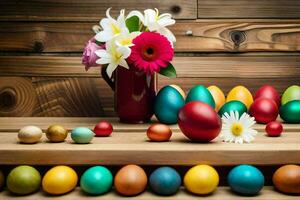 colorful easter eggs and flowers in a vase. AI-Generated photo