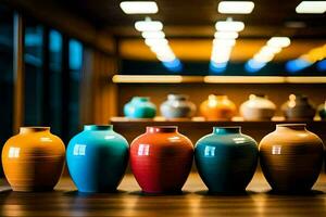 a row of colorful vases on a wooden table. AI-Generated photo