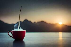 a cup of coffee with a mountain in the background. AI-Generated photo