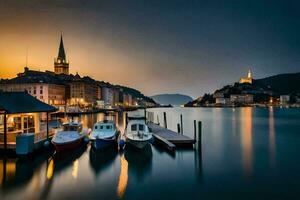 boats docked at the dock in front of a church at dusk. AI-Generated photo