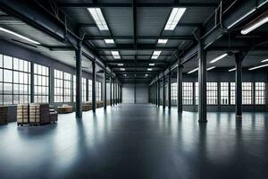 an empty warehouse with lots of windows and lots of light. AI-Generated photo