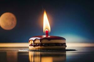 a single candle is lit on a cake. AI-Generated photo