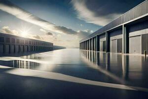 a long empty warehouse with a sun shining in the background. AI-Generated photo