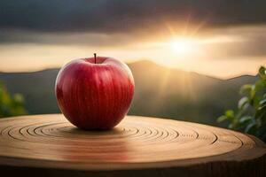 un manzana se sienta en parte superior de un de madera mesa con el Dom ajuste detrás él. generado por ai foto