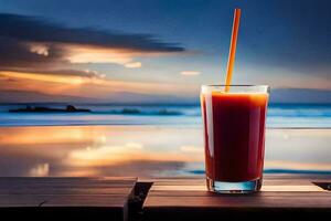 a glass of juice on a wooden table with the ocean in the background. AI-Generated photo