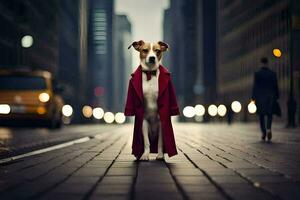 a dog wearing a red coat standing on a city street. AI-Generated photo