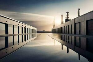 a factory building with a reflection of the sun. AI-Generated photo