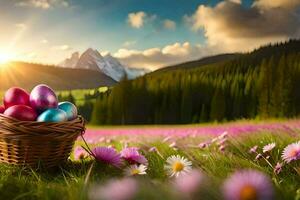 Pascua de Resurrección huevos en un cesta en el prado. generado por ai foto