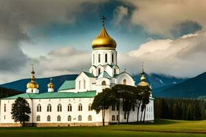 a white church with golden domes in the middle of a green field. AI-Generated photo