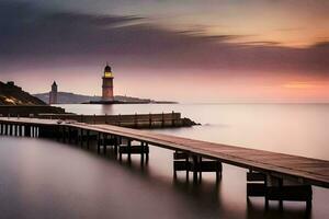 a pier with a lighthouse at sunset. AI-Generated photo