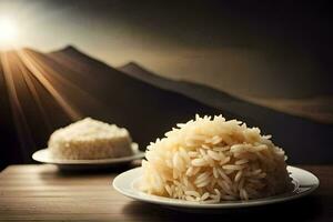 two plates with rice on a table in front of mountains. AI-Generated photo