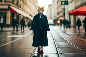un zorro vistiendo un traje y Corbata en un ciudad calle. generado por ai foto