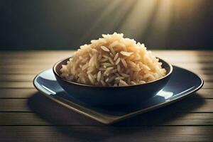 a bowl of brown rice on a wooden table. AI-Generated photo