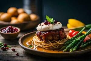 a plate with spaghetti, meat and vegetables on a wooden table. AI-Generated photo