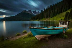 a boat sits on the shore of a lake. AI-Generated photo