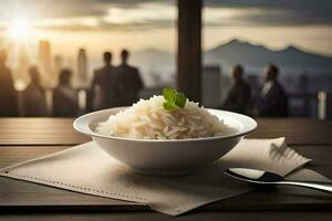 a bowl of rice with a view of the city. AI-Generated photo