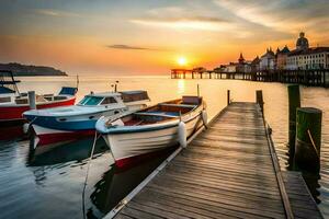 boats docked at the pier at sunset. AI-Generated photo