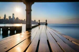 a wooden pier with a city skyline in the background. AI-Generated photo