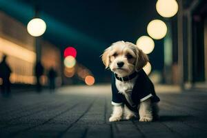 a small dog wearing a jacket standing on a street at night. AI-Generated photo