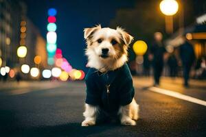 a dog wearing a jacket sits on the street at night. AI-Generated photo