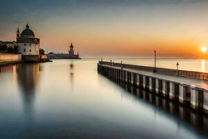 the sun sets over a pier and lighthouse. AI-Generated photo