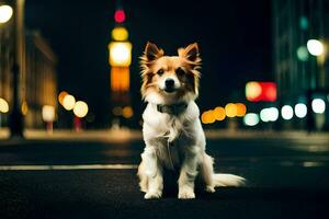 un perro sentado en el calle a noche. generado por ai foto