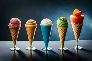 five different ice cream cones in a row. AI-Generated photo