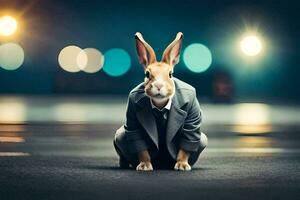 un Conejo en un traje y Corbata sentado en el suelo. generado por ai foto