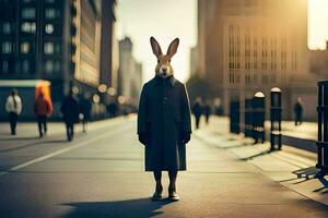 a rabbit wearing a coat and standing in the middle of a city street. AI-Generated photo