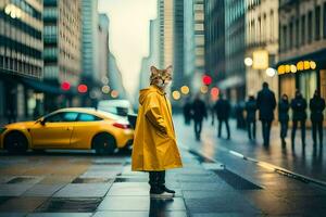 a cat in a yellow raincoat standing on a city street. AI-Generated photo