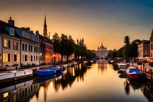 a canal at sunset with boats in it. AI-Generated photo